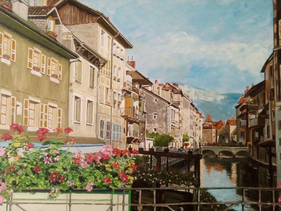 Peinture d'un village vu d'un pont